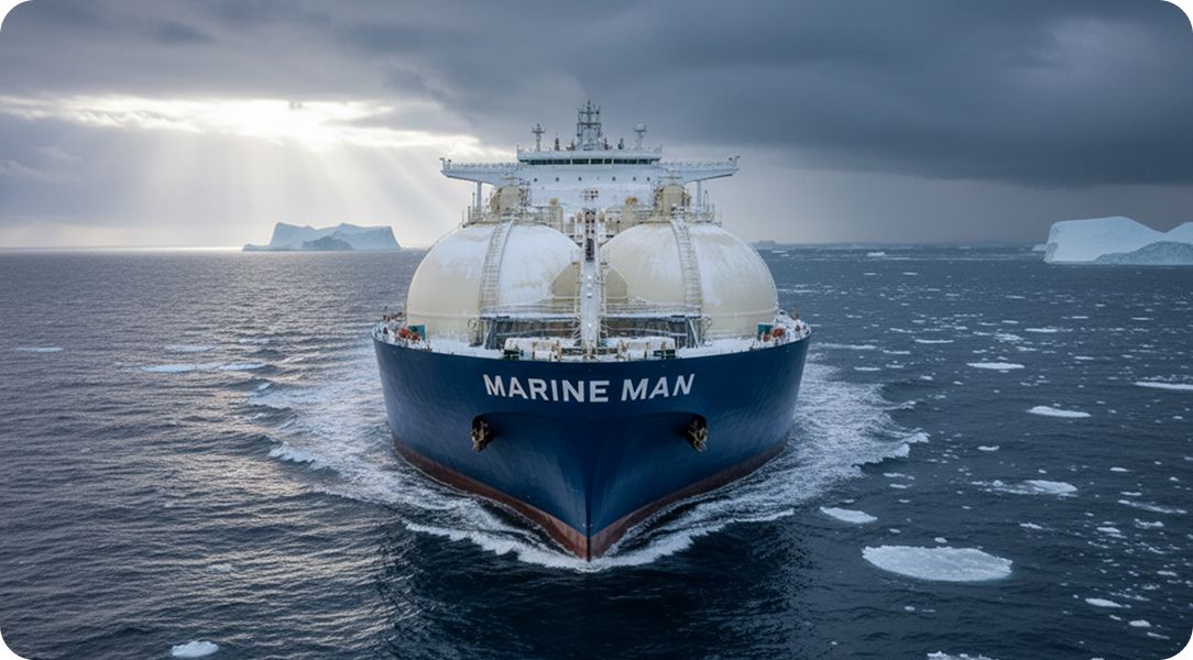 A cargo vessel moving through northern sea waters